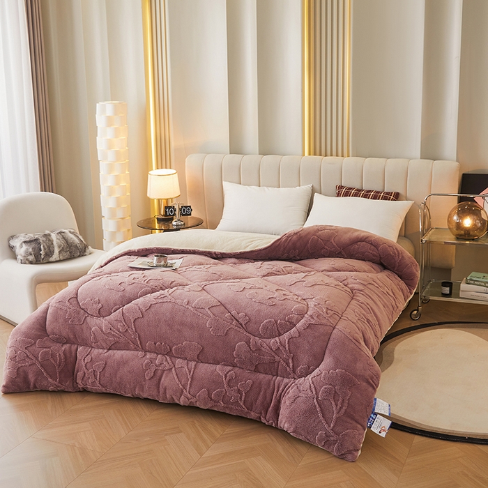 91家纺网 家纺一手货源 找家纺 悦然毛巾被 2025新款舒棉绒大提花冬被冬用保暖加厚被子被芯 富贵花-豆纱