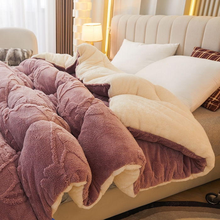 91家纺网 家纺一手货源 找家纺 悦然毛巾被 2025新款舒棉绒大提花冬被冬用保暖加厚被子被芯 富贵花-豆纱