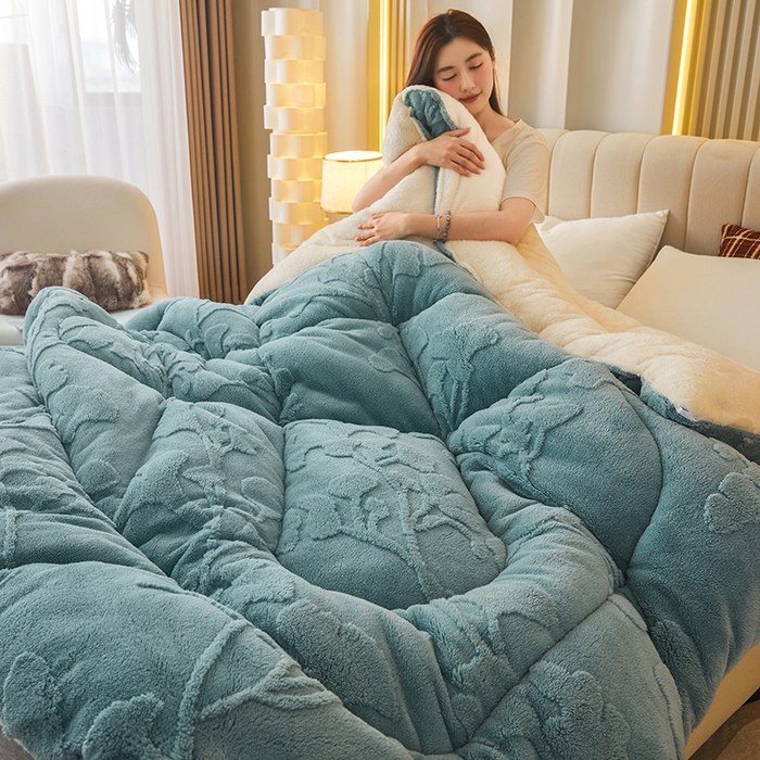 91家纺网 家纺一手货源 找家纺 悦然毛巾被 2025新款舒棉绒大提花冬被冬用保暖加厚被子被芯 富贵花-墨绿