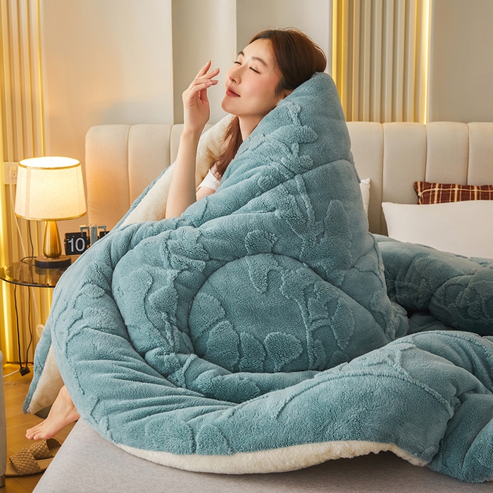 91家纺网 家纺一手货源 找家纺 悦然毛巾被 2025新款舒棉绒大提花冬被冬用保暖加厚被子被芯 富贵花-墨绿