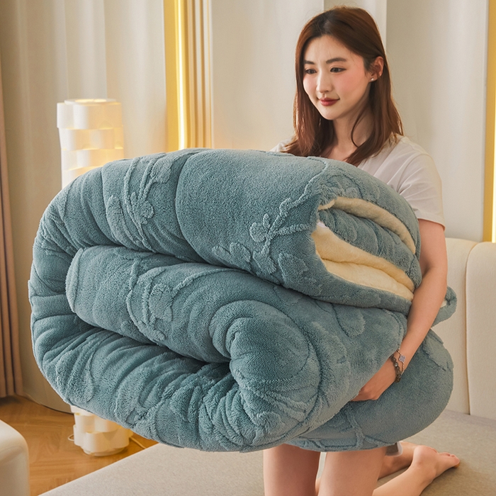 91家纺网 家纺一手货源 找家纺 悦然毛巾被 2025新款舒棉绒大提花冬被冬用保暖加厚被子被芯 富贵花-墨绿