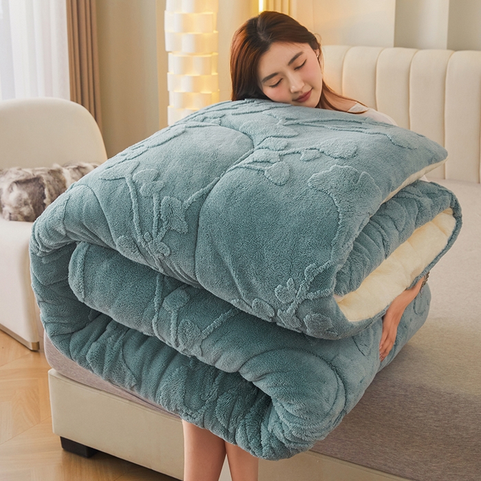 91家纺网 家纺一手货源 找家纺 悦然毛巾被 2025新款舒棉绒大提花冬被冬用保暖加厚被子被芯 富贵花-墨绿