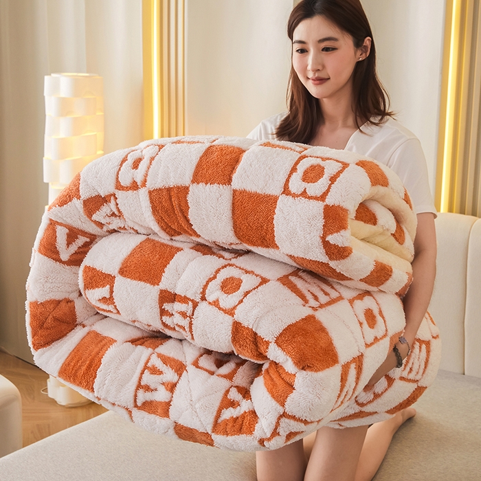 91家纺网 家纺一手货源 找家纺 悦然毛巾被 2025新款舒棉绒大提花冬被冬用保暖加厚被子被芯 时尚字母格