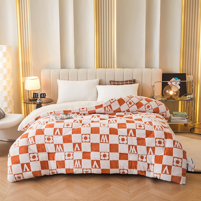 91家纺网 家纺一手货源 找家纺 悦然毛巾被 2025新款舒棉绒大提花冬被冬用保暖加厚被子被芯 时尚字母格