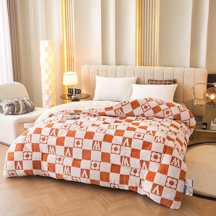 91家纺网 家纺一手货源 找家纺 悦然毛巾被 2025新款舒棉绒大提花冬被冬用保暖加厚被子被芯 时尚字母格