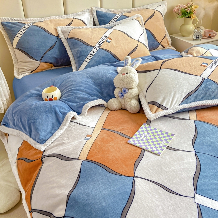 91家纺网 家纺一手货源 找家纺 阿亮家纺 2025新款高克重大包边菠萝格牛奶绒活性印染四件套 简约格调