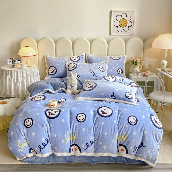 91家纺网 家纺一手货源 找家纺 阿亮家纺 2025新款高克重大包边菠萝格牛奶绒活性印染四件套 开心笑脸