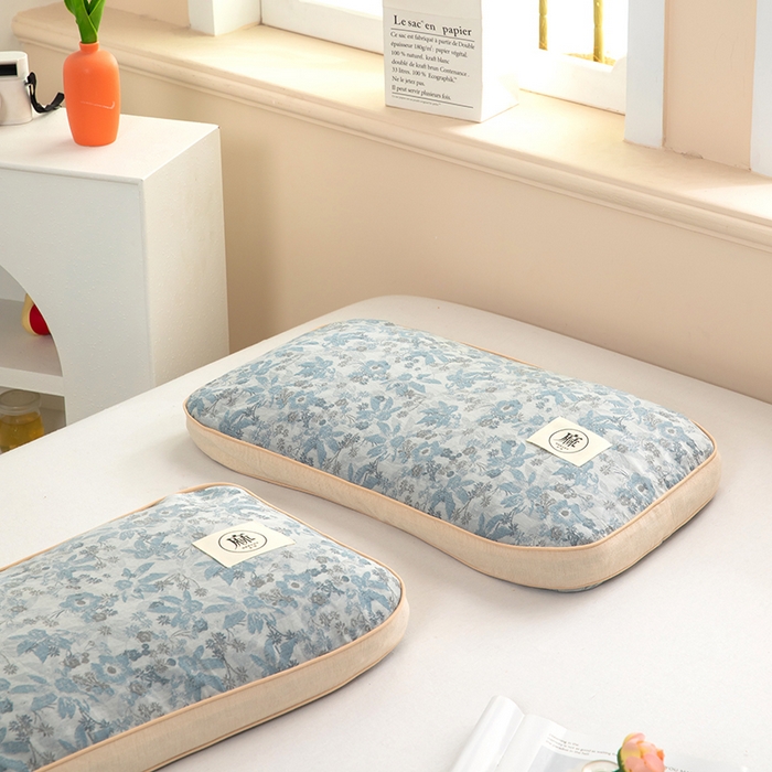 91家纺网 家纺一手货源 找家纺 梦莱家纺 2025新款棉麻荞麦立体枕枕头枕芯 幸运草-蓝色