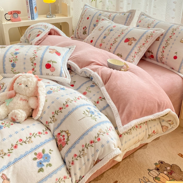 91家纺网 家纺一手货源 找家纺 阿亮家纺 2025新款高克重大包边菠萝格牛奶绒活性印染四件套 恋恋画语