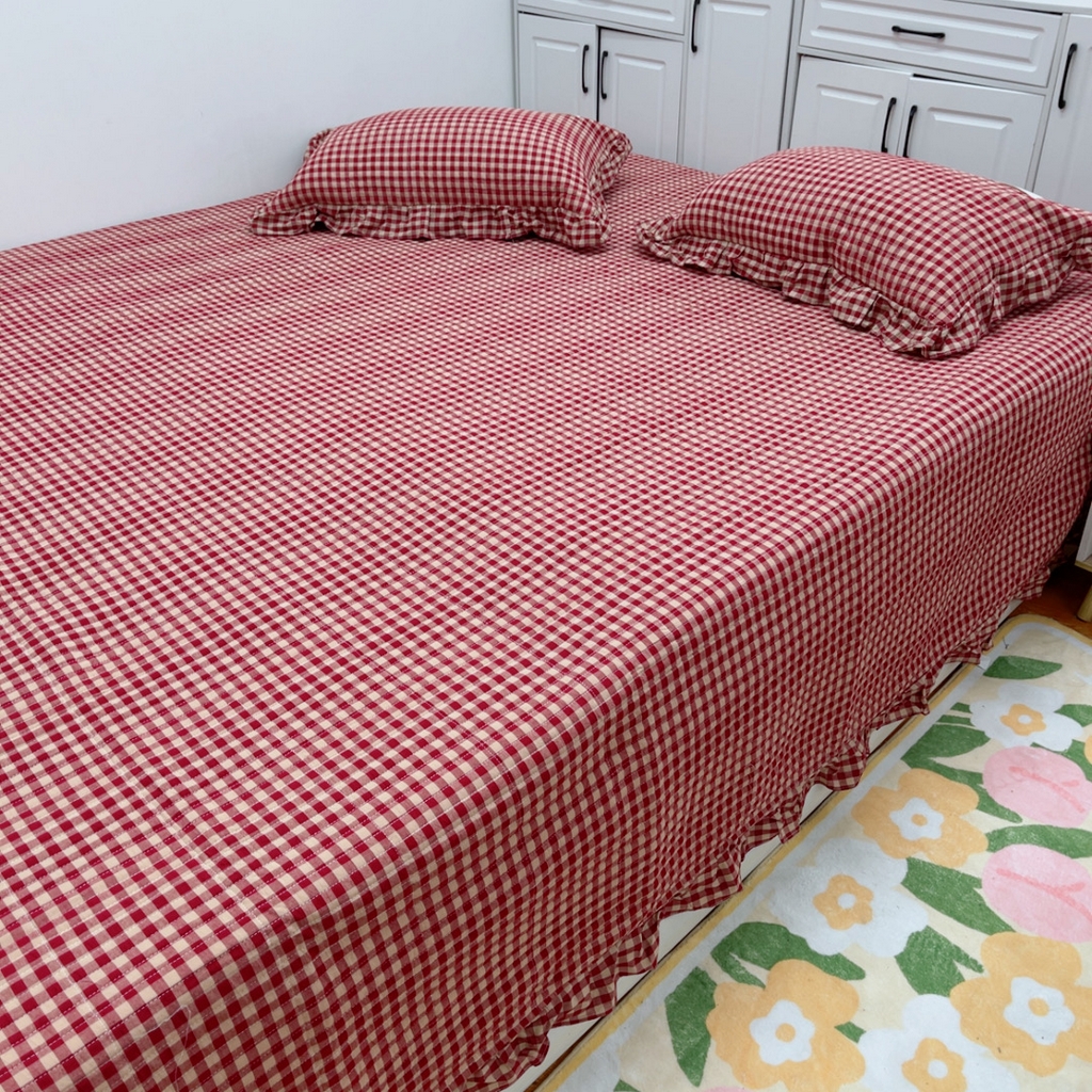 91家纺网 家纺一手货源 找家纺 暖居 2025新款支持定制尺寸全棉色织水洗棉格子系列大尺寸榻榻米农村大炕盖 红咖小格