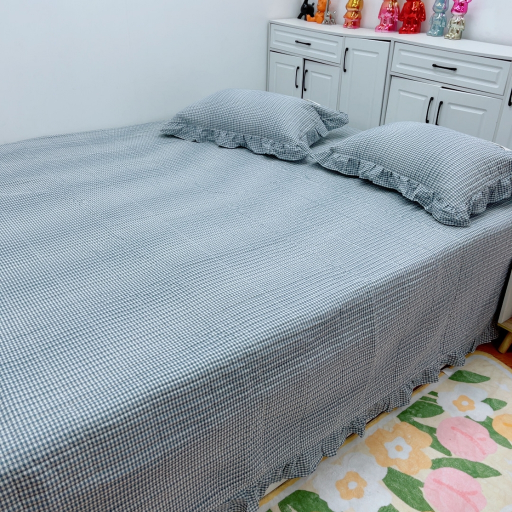 91家纺网 家纺一手货源 找家纺 暖居 2025新款支持定制尺寸全棉色织水洗棉格子系列大尺寸榻榻米农村大炕盖 蓝小格