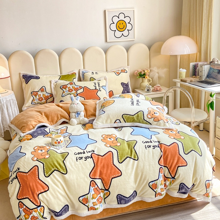 91家纺网 家纺一手货源 找家纺 阿亮家纺 2025新款高克重大包边菠萝格牛奶绒活性印染四件套 满天星