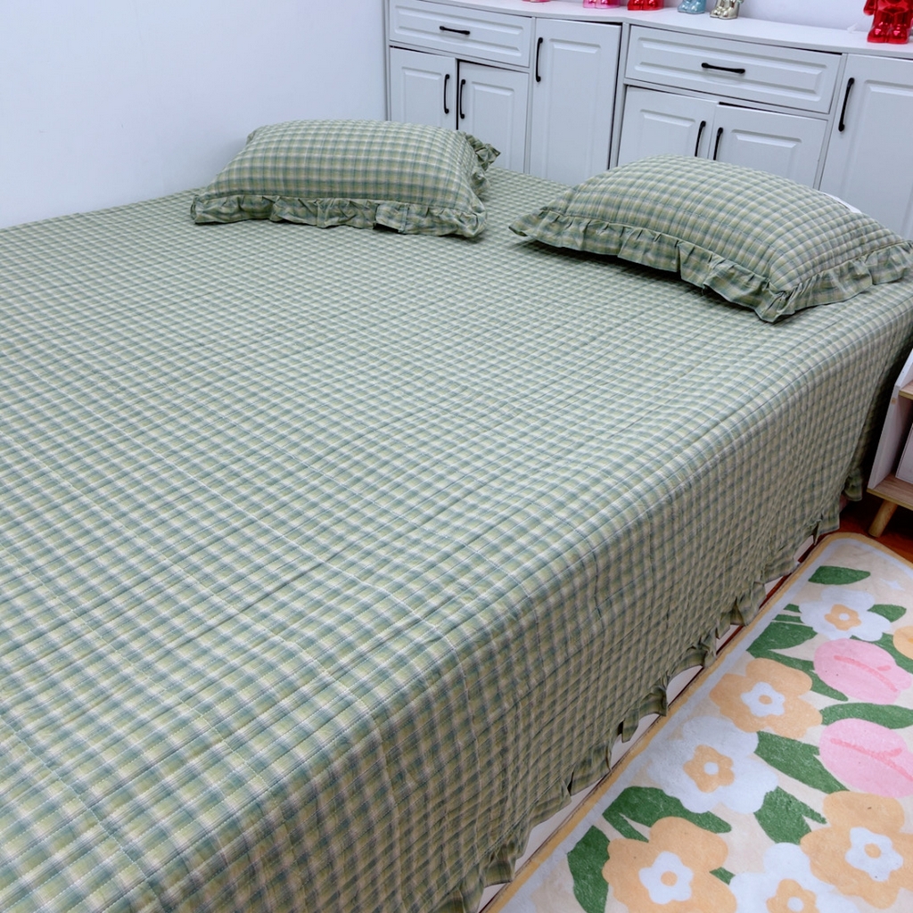 91家纺网 家纺一手货源 找家纺 暖居 2025新款支持定制尺寸全棉色织水洗棉格子系列大尺寸榻榻米农村大炕盖 抹茶绿格