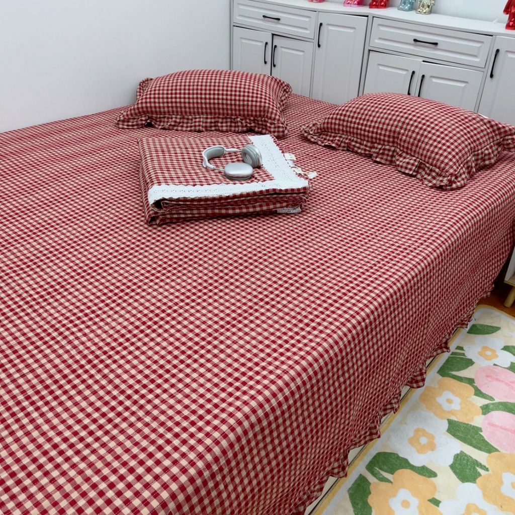 91家纺网 家纺一手货源 找家纺 暖居 2025新款支持定制尺寸全棉色织水洗棉格子系列大尺寸榻榻米农村大炕盖 红咖小格