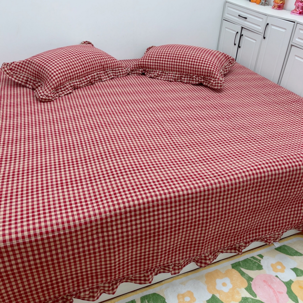 91家纺网 家纺一手货源 找家纺 暖居 2025新款支持定制尺寸全棉色织水洗棉格子系列大尺寸榻榻米农村大炕盖 红咖小格