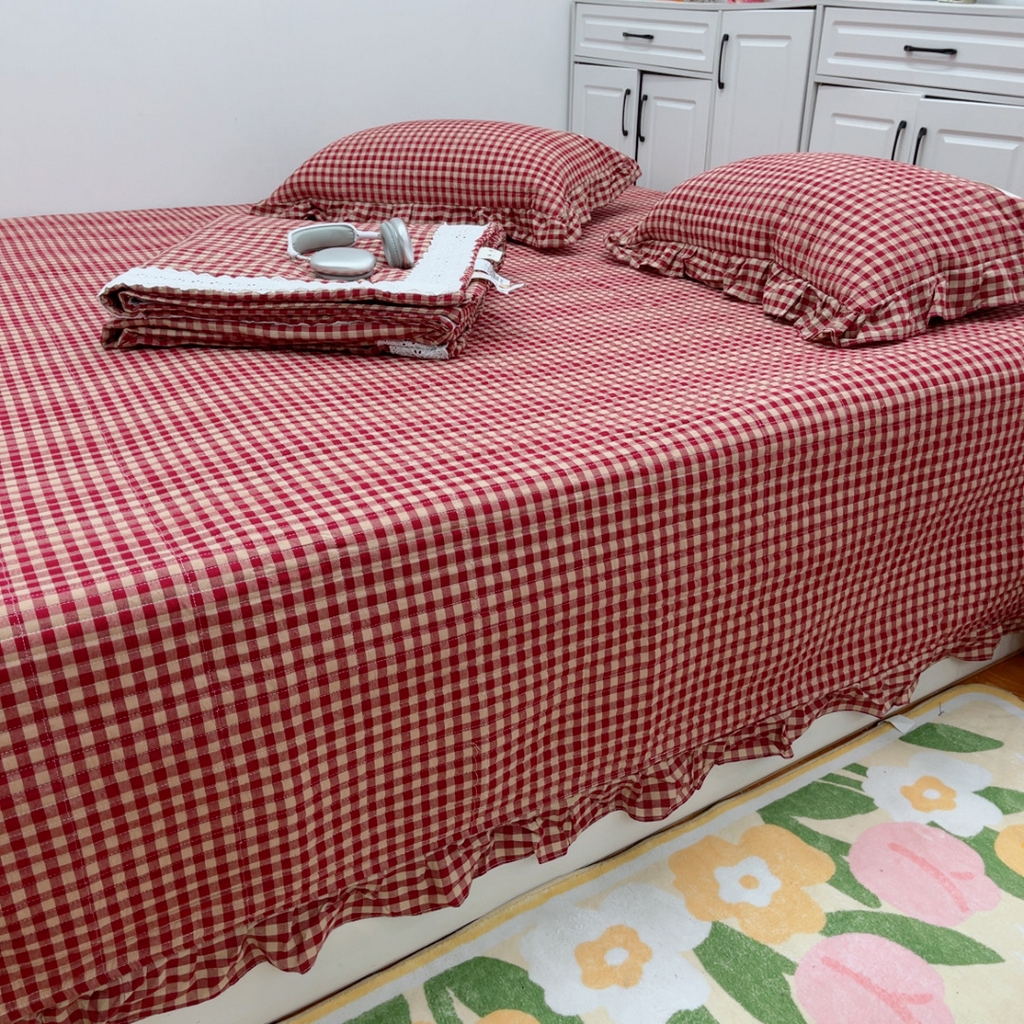 91家纺网 家纺一手货源 找家纺 暖居 2025新款支持定制尺寸全棉色织水洗棉格子系列大尺寸榻榻米农村大炕盖 红咖小格