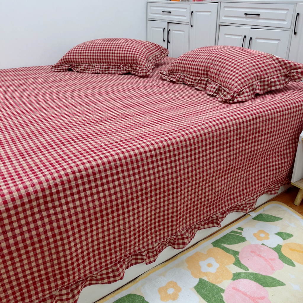 91家纺网 家纺一手货源 找家纺 暖居 2025新款支持定制尺寸全棉色织水洗棉格子系列大尺寸榻榻米农村大炕盖 红咖小格
