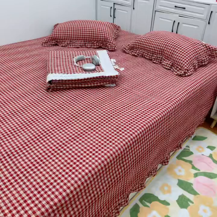 91家纺网 家纺一手货源 找家纺 暖居 2025新款支持定制尺寸全棉色织水洗棉格子系列大尺寸榻榻米农村大炕盖 红咖小格