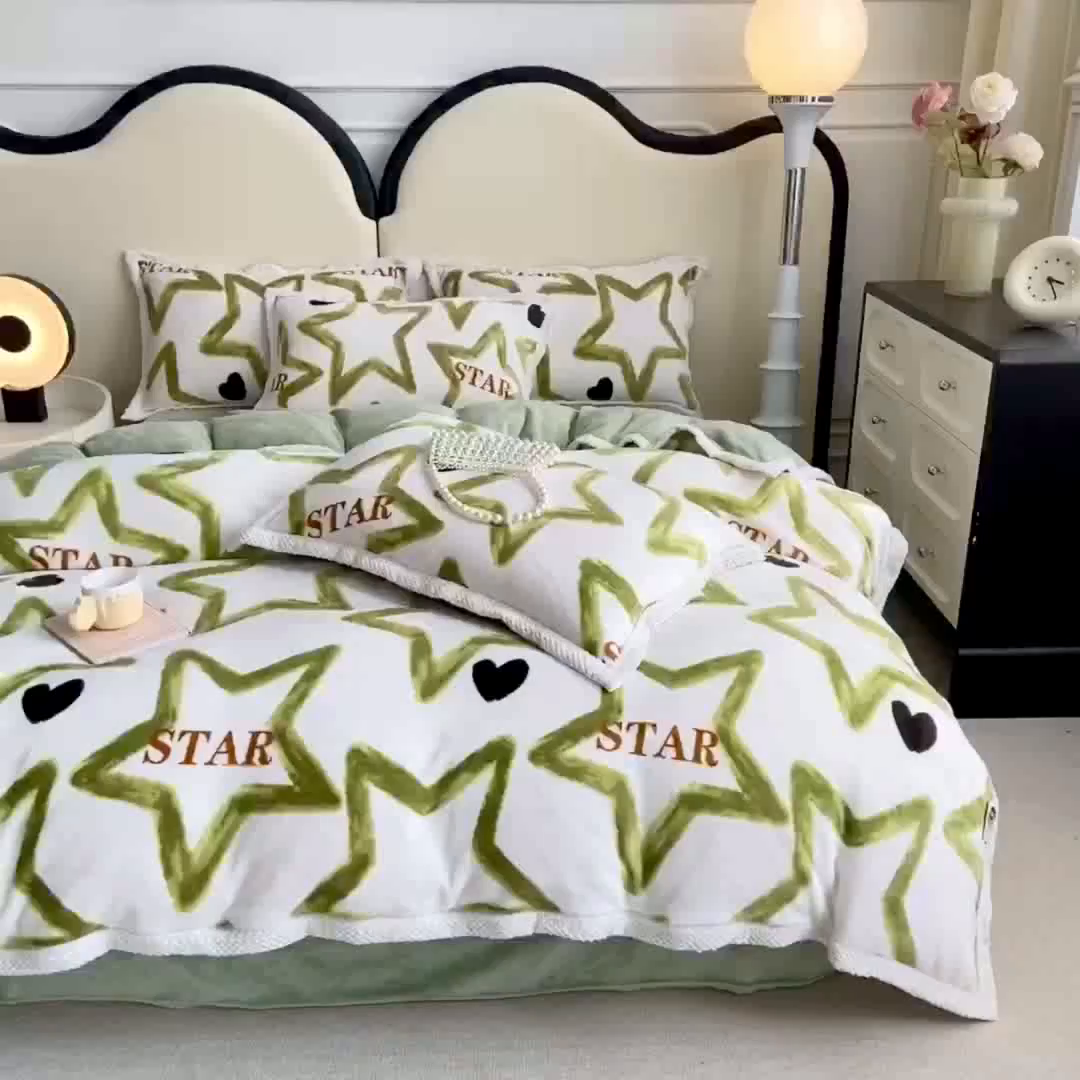 91家纺网 家纺一手货源 找家纺 阿亮家纺 2025新款高克重大包边菠萝格牛奶绒活性印染四件套 明日之星