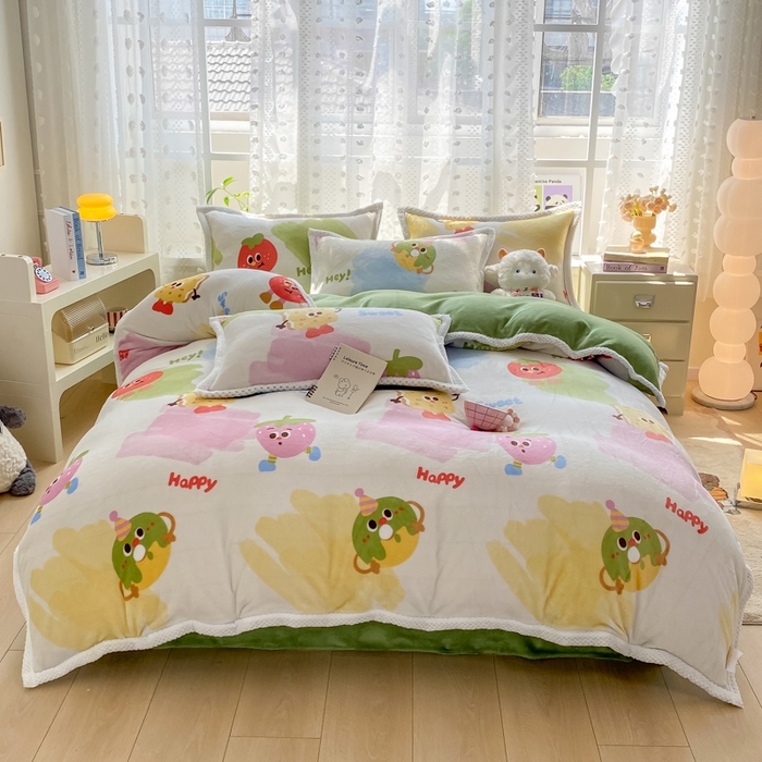 91家纺网 家纺一手货源 找家纺 阿亮家纺 2025新款高克重大包边菠萝格牛奶绒活性印染四件套 七彩草莓