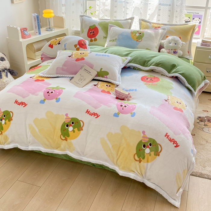 91家纺网 家纺一手货源 找家纺 阿亮家纺 2025新款高克重大包边菠萝格牛奶绒活性印染四件套 七彩草莓