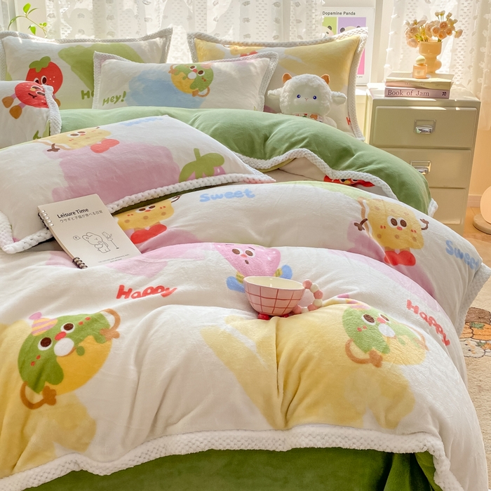 91家纺网 家纺一手货源 找家纺 阿亮家纺 2025新款高克重大包边菠萝格牛奶绒活性印染四件套 七彩草莓