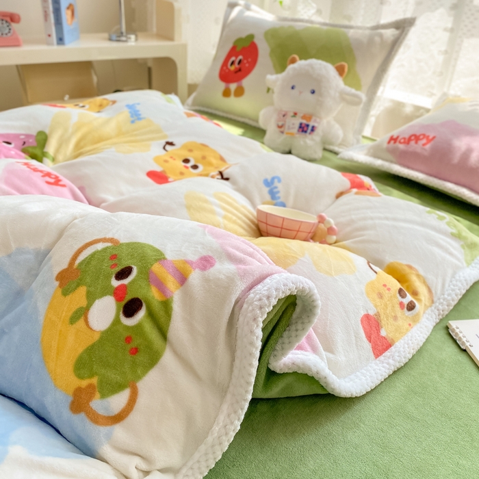 91家纺网 家纺一手货源 找家纺 阿亮家纺 2025新款高克重大包边菠萝格牛奶绒活性印染四件套 七彩草莓