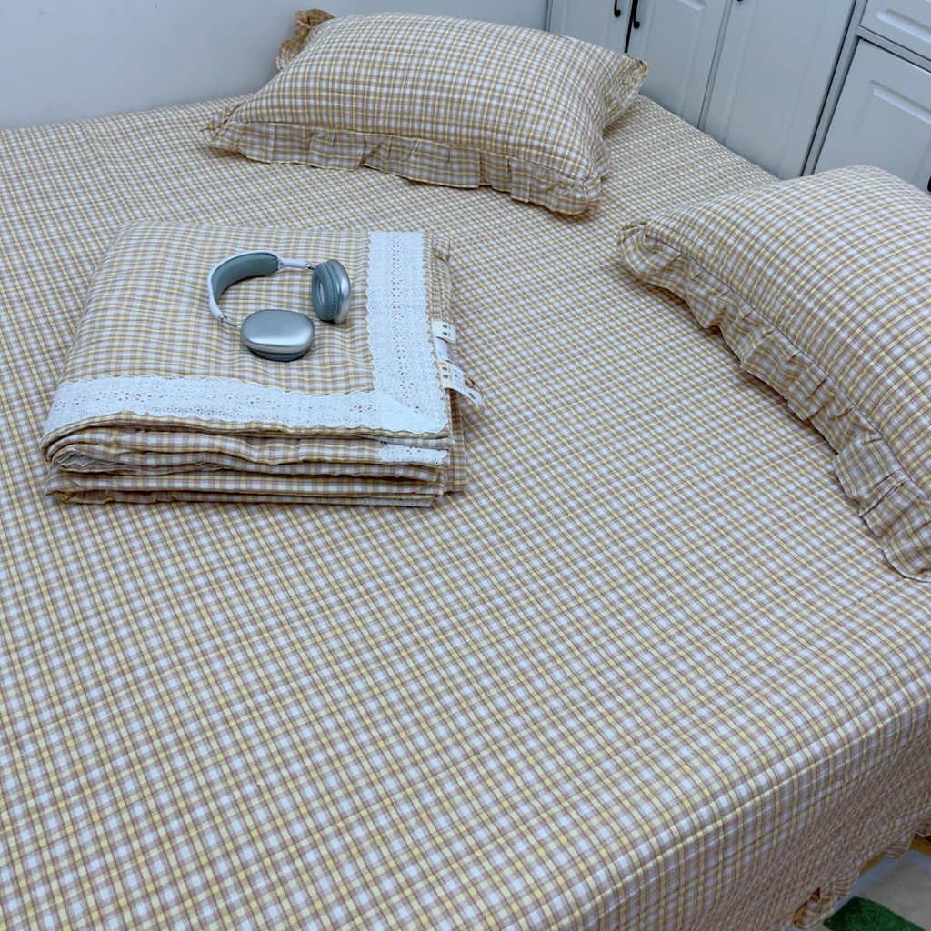 91家纺网 家纺一手货源 找家纺 暖居 2025新款支持定制尺寸全棉色织水洗棉格子系列大尺寸榻榻米农村大炕盖 黄小格