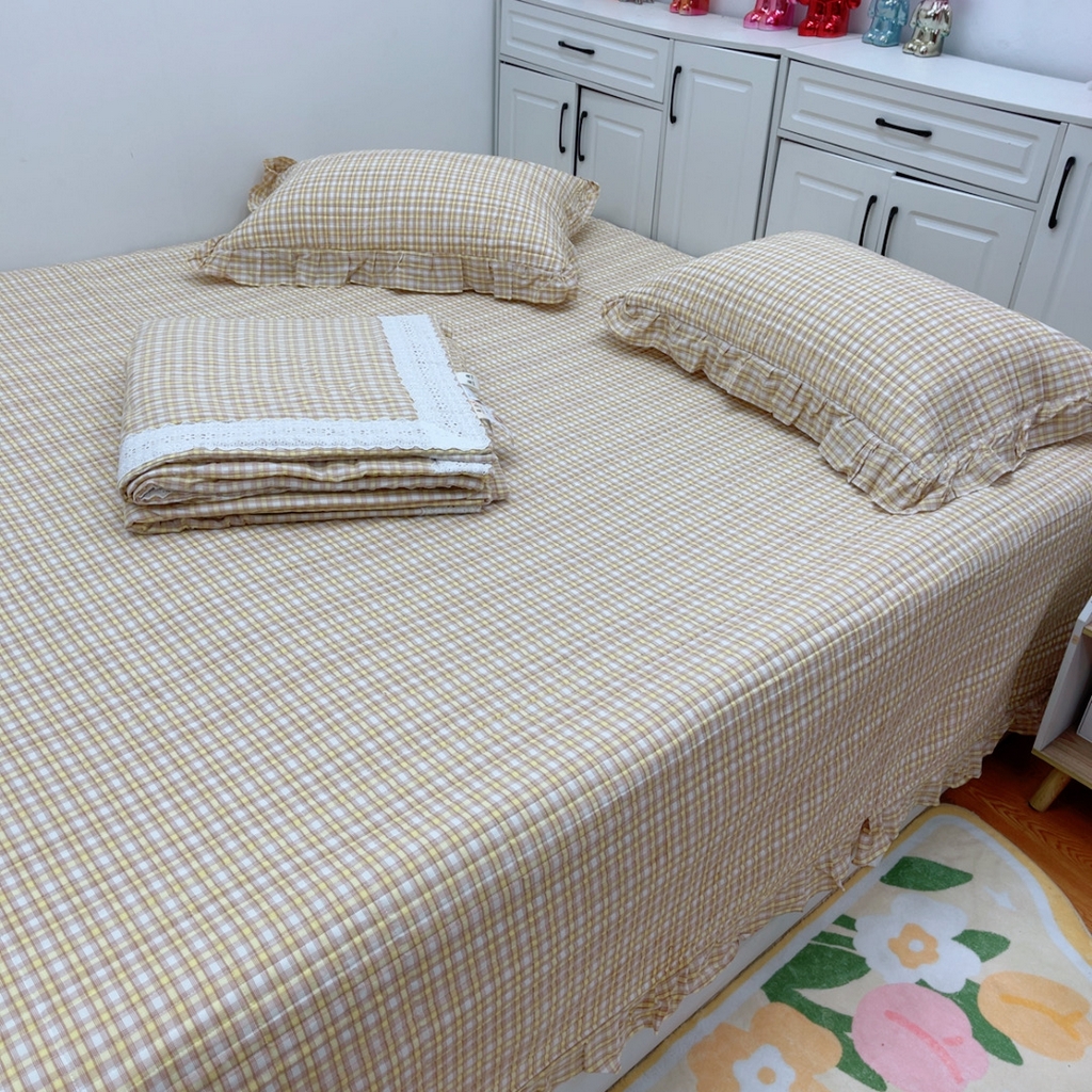 91家纺网 家纺一手货源 找家纺 暖居 2025新款支持定制尺寸全棉色织水洗棉格子系列大尺寸榻榻米农村大炕盖 黄小格