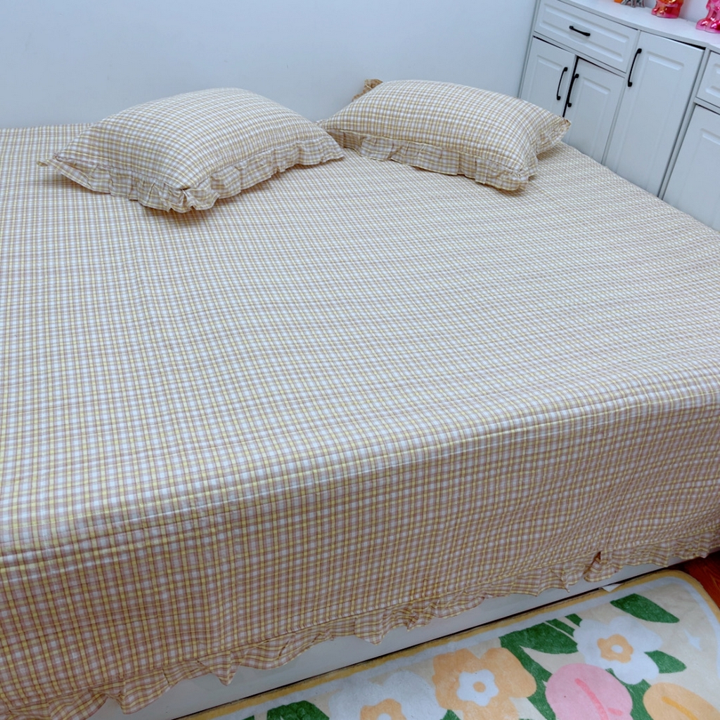 91家纺网 家纺一手货源 找家纺 暖居 2025新款支持定制尺寸全棉色织水洗棉格子系列大尺寸榻榻米农村大炕盖 黄小格