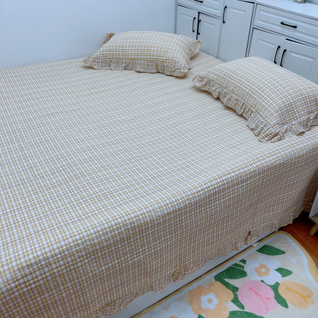 91家纺网 家纺一手货源 找家纺 暖居 2025新款支持定制尺寸全棉色织水洗棉格子系列大尺寸榻榻米农村大炕盖 黄小格