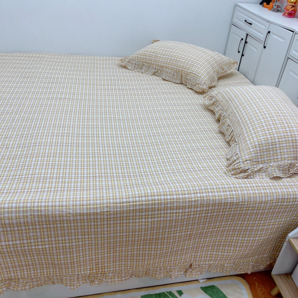 91家纺网 家纺一手货源 找家纺 暖居 2025新款支持定制尺寸全棉色织水洗棉格子系列大尺寸榻榻米农村大炕盖 黄小格