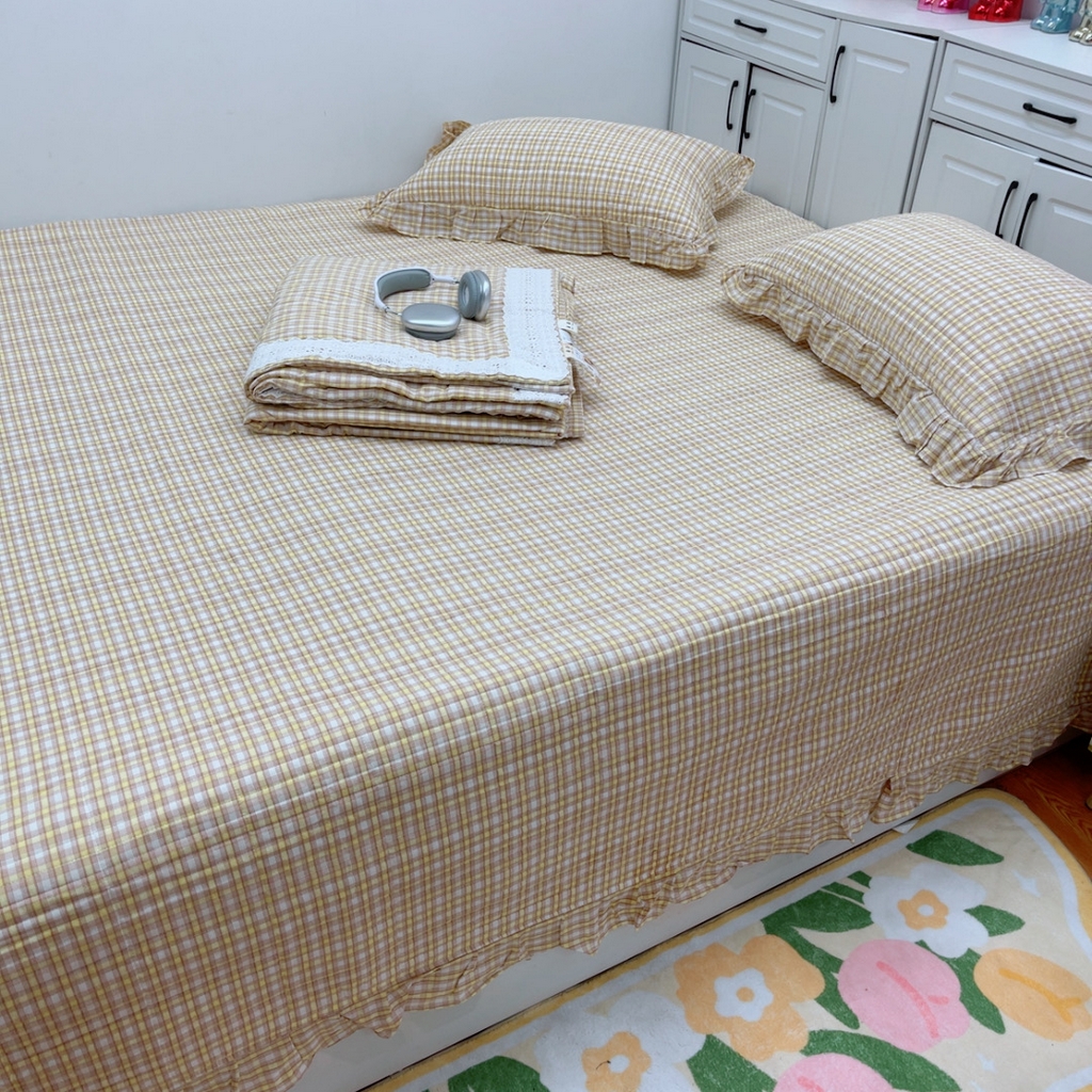 91家纺网 家纺一手货源 找家纺 暖居 2025新款支持定制尺寸全棉色织水洗棉格子系列大尺寸榻榻米农村大炕盖 黄小格