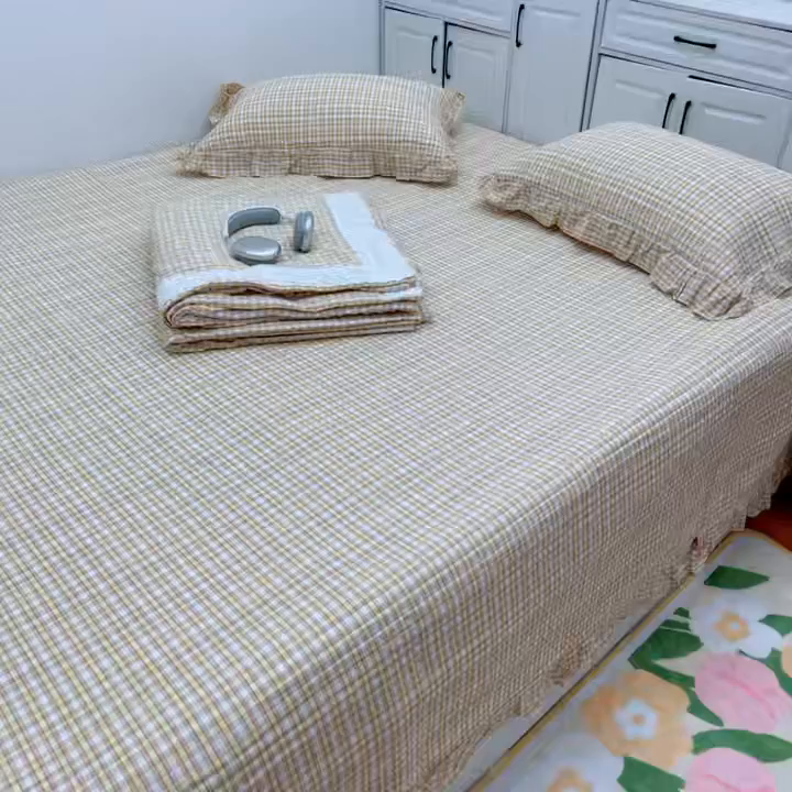 91家纺网 家纺一手货源 找家纺 暖居 2025新款支持定制尺寸全棉色织水洗棉格子系列大尺寸榻榻米农村大炕盖 黄小格