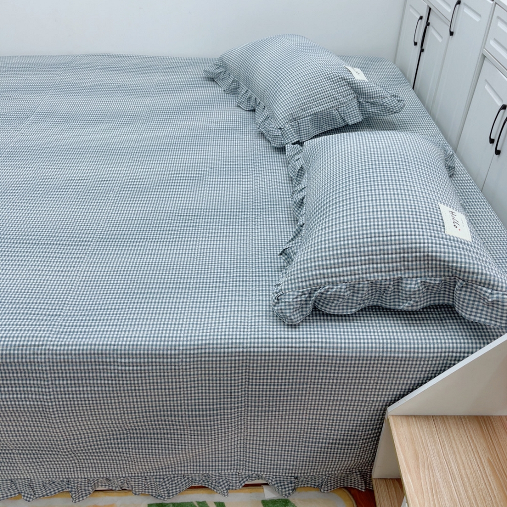91家纺网 家纺一手货源 找家纺 暖居 2025新款支持定制尺寸全棉色织水洗棉格子系列大尺寸榻榻米农村大炕盖 蓝小格