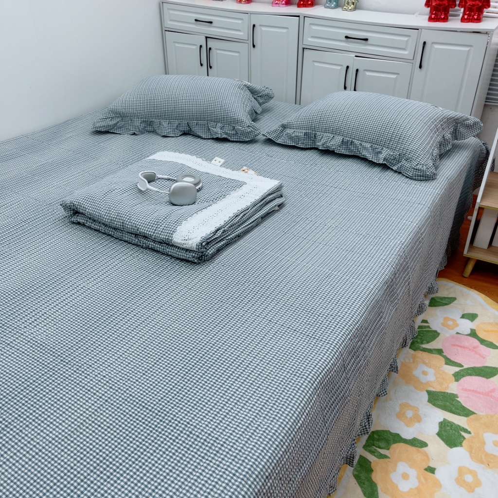 91家纺网 家纺一手货源 找家纺 暖居 2025新款支持定制尺寸全棉色织水洗棉格子系列大尺寸榻榻米农村大炕盖 蓝小格