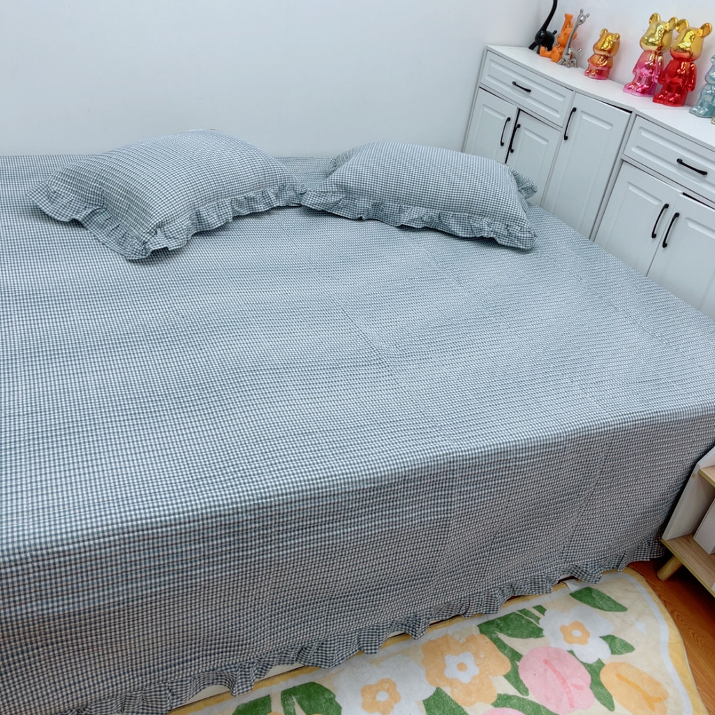 91家纺网 家纺一手货源 找家纺 暖居 2025新款支持定制尺寸全棉色织水洗棉格子系列大尺寸榻榻米农村大炕盖 蓝小格