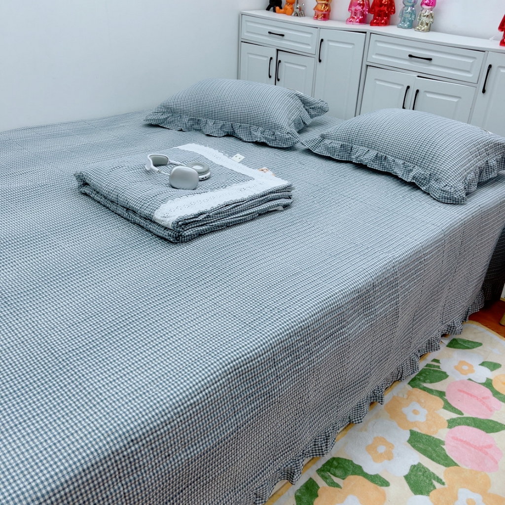 91家纺网 家纺一手货源 找家纺 暖居 2025新款支持定制尺寸全棉色织水洗棉格子系列大尺寸榻榻米农村大炕盖 蓝小格