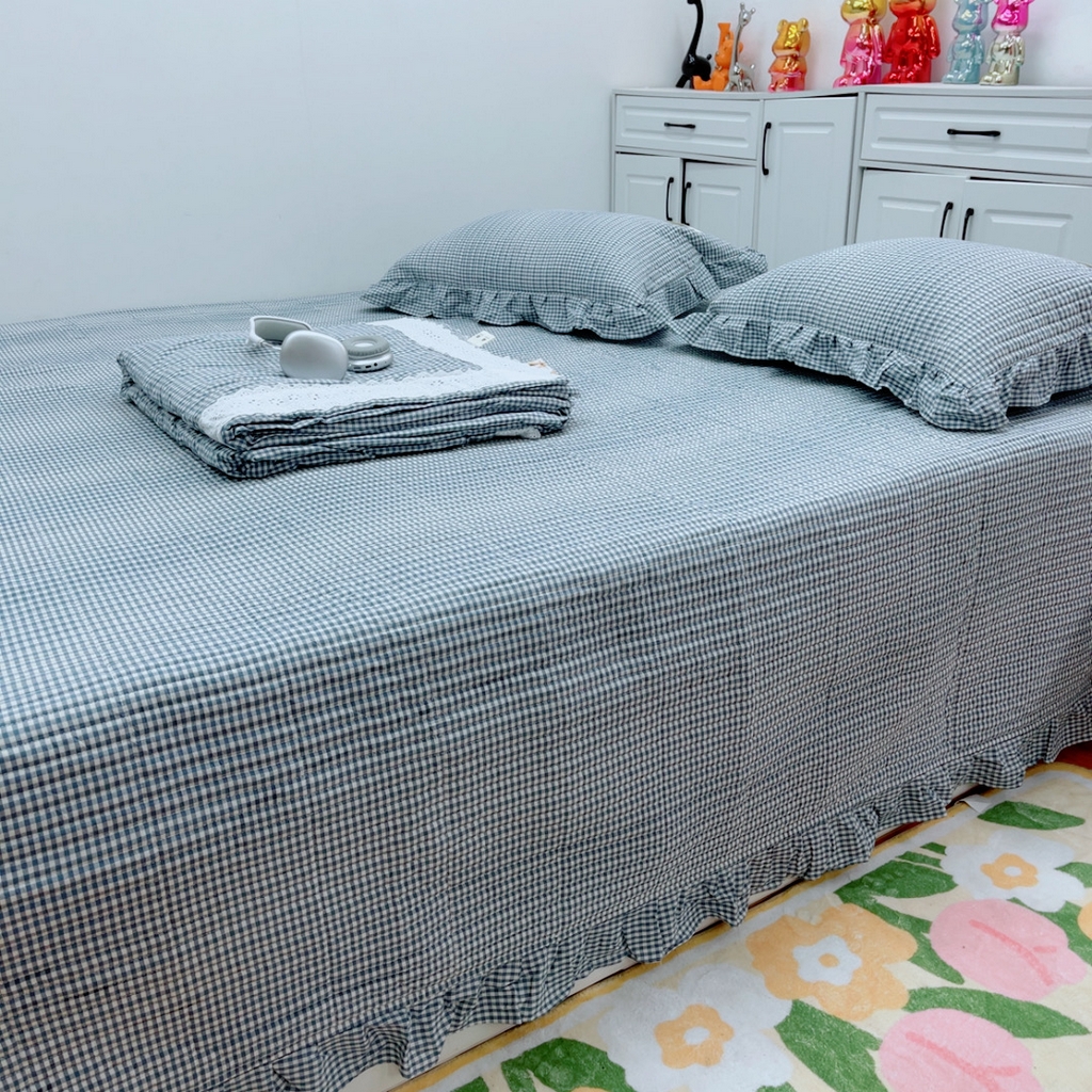 91家纺网 家纺一手货源 找家纺 暖居 2025新款支持定制尺寸全棉色织水洗棉格子系列大尺寸榻榻米农村大炕盖 蓝小格