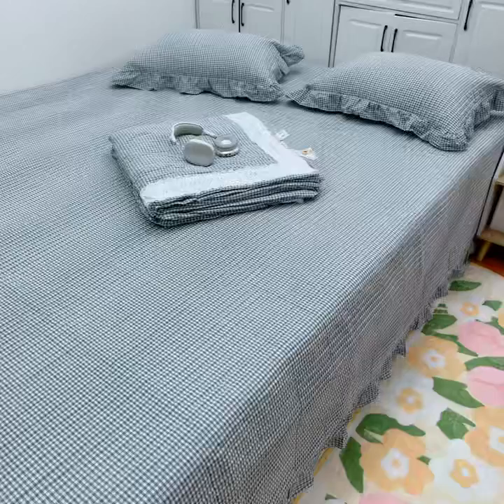 91家纺网 家纺一手货源 找家纺 暖居 2025新款支持定制尺寸全棉色织水洗棉格子系列大尺寸榻榻米农村大炕盖 蓝小格