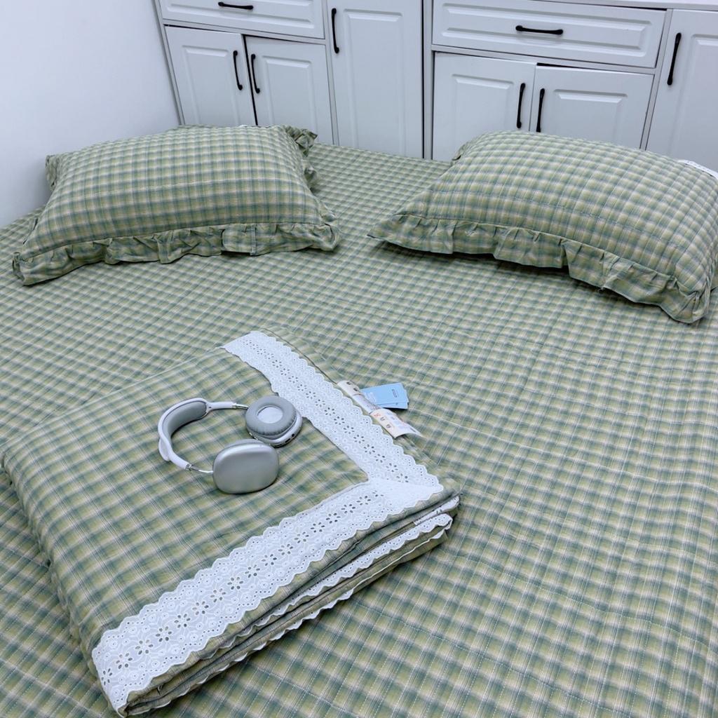 91家纺网 家纺一手货源 找家纺 暖居 2025新款支持定制尺寸全棉色织水洗棉格子系列大尺寸榻榻米农村大炕盖 抹茶绿格