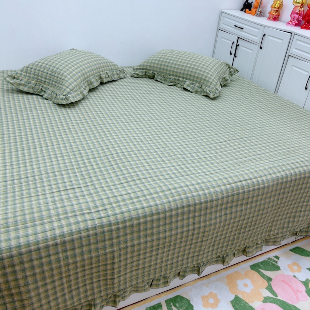 91家纺网 家纺一手货源 找家纺 暖居 2025新款支持定制尺寸全棉色织水洗棉格子系列大尺寸榻榻米农村大炕盖 抹茶绿格