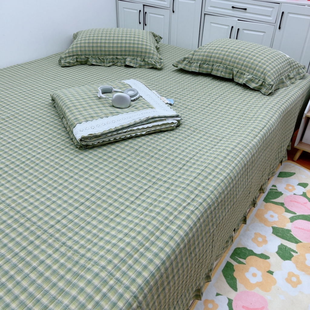 91家纺网 家纺一手货源 找家纺 暖居 2025新款支持定制尺寸全棉色织水洗棉格子系列大尺寸榻榻米农村大炕盖 抹茶绿格