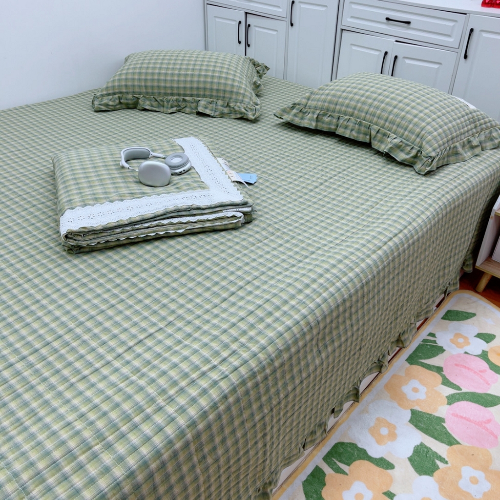 91家纺网 家纺一手货源 找家纺 暖居 2025新款支持定制尺寸全棉色织水洗棉格子系列大尺寸榻榻米农村大炕盖 抹茶绿格