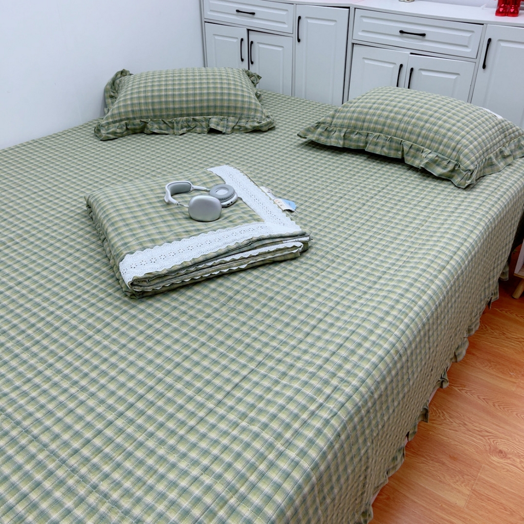 91家纺网 家纺一手货源 找家纺 暖居 2025新款支持定制尺寸全棉色织水洗棉格子系列大尺寸榻榻米农村大炕盖 抹茶绿格