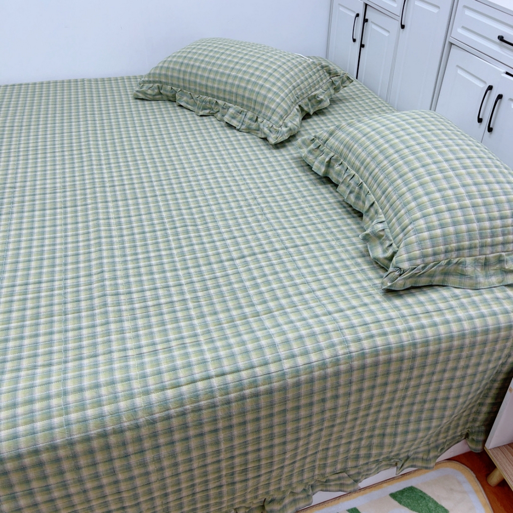 91家纺网 家纺一手货源 找家纺 暖居 2025新款支持定制尺寸全棉色织水洗棉格子系列大尺寸榻榻米农村大炕盖 抹茶绿格
