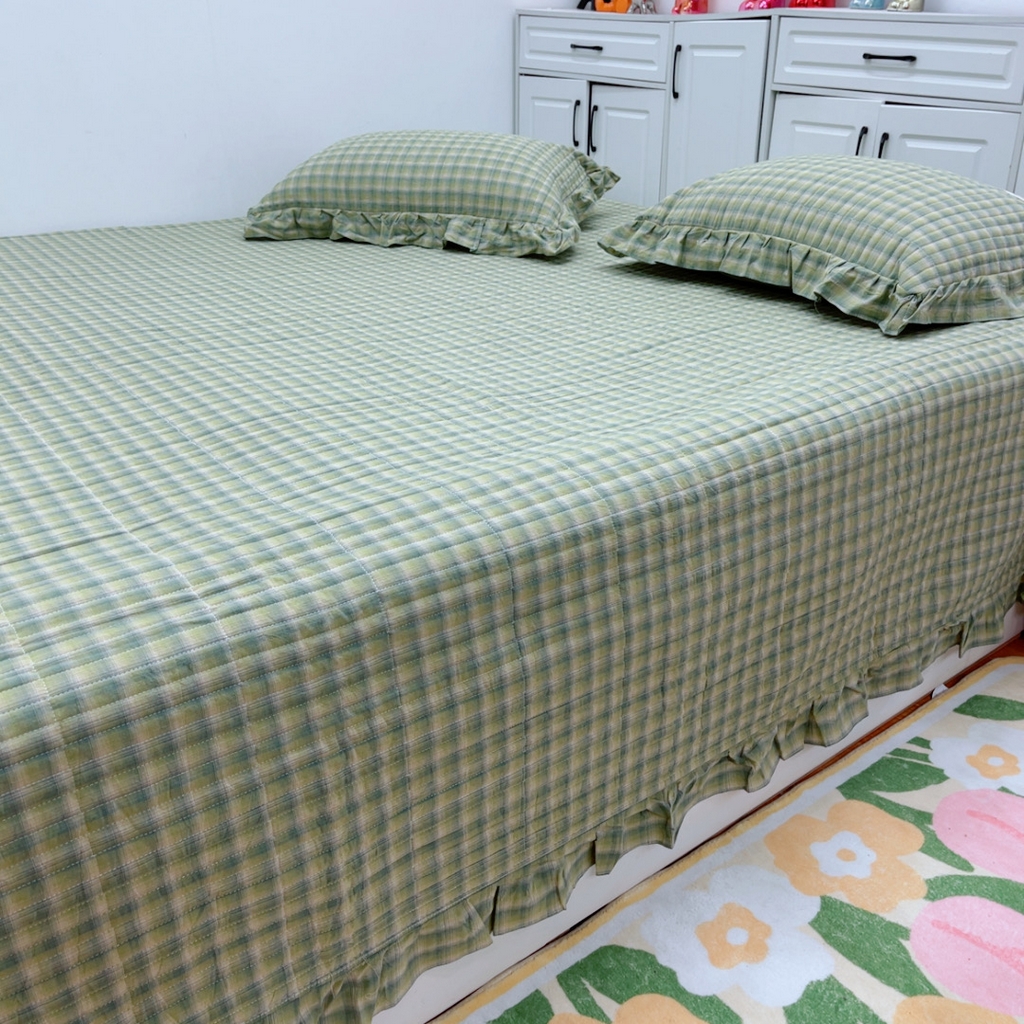 91家纺网 家纺一手货源 找家纺 暖居 2025新款支持定制尺寸全棉色织水洗棉格子系列大尺寸榻榻米农村大炕盖 抹茶绿格