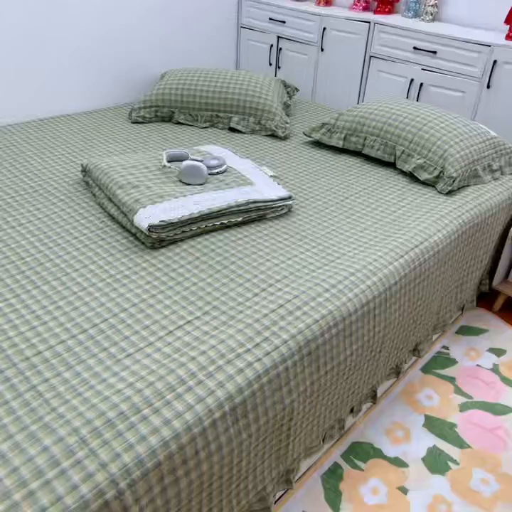 91家纺网 家纺一手货源 找家纺 暖居 2025新款支持定制尺寸全棉色织水洗棉格子系列大尺寸榻榻米农村大炕盖 抹茶绿格