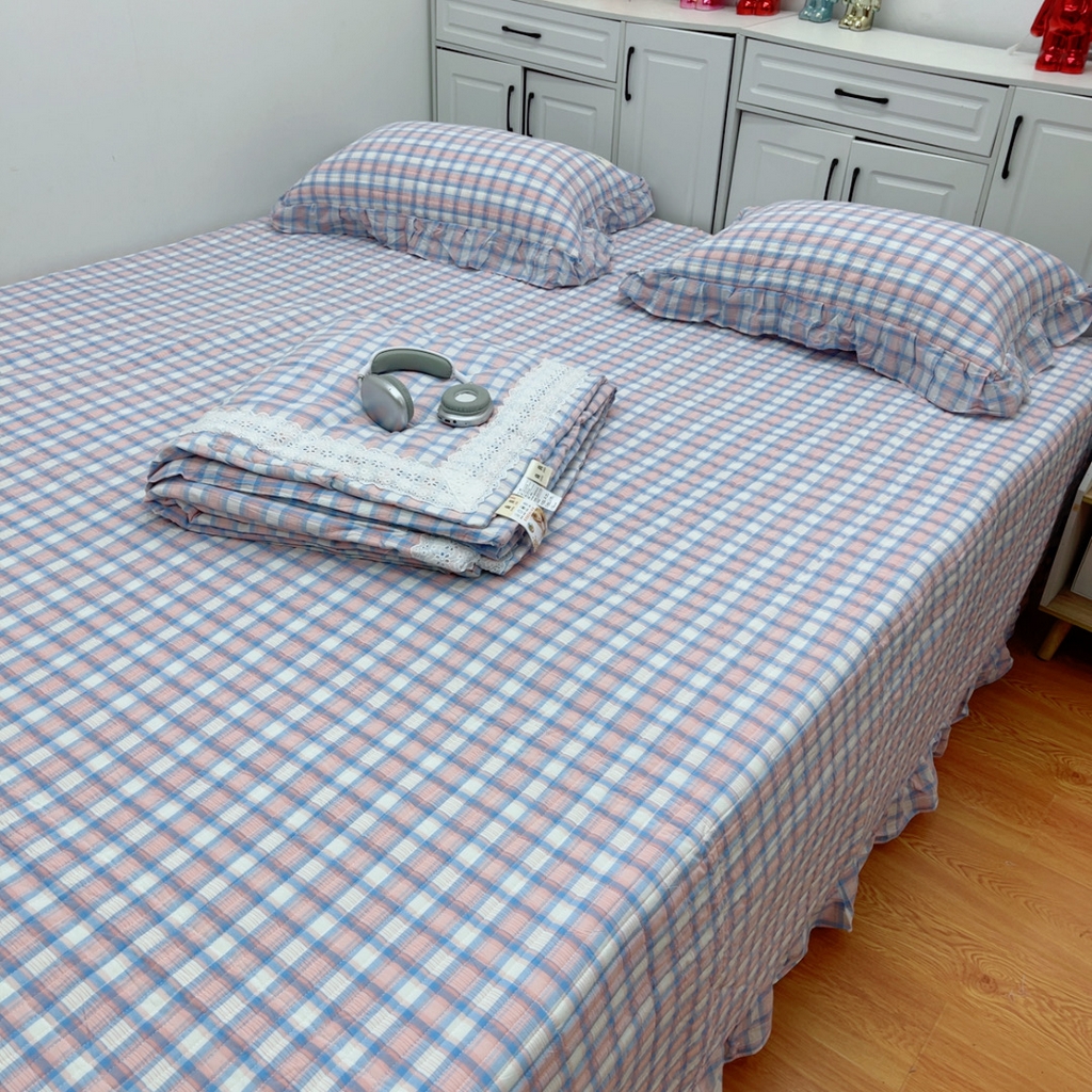 91家纺网 家纺一手货源 找家纺 暖居 2025新款支持定制尺寸全棉色织水洗棉格子系列大尺寸榻榻米农村大炕盖 紫格子