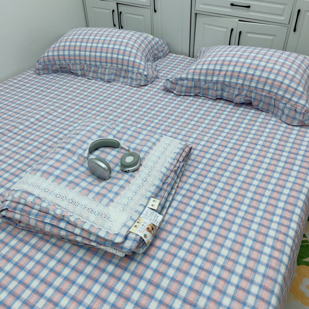 91家纺网 家纺一手货源 找家纺 暖居 2025新款支持定制尺寸全棉色织水洗棉格子系列大尺寸榻榻米农村大炕盖 紫格子